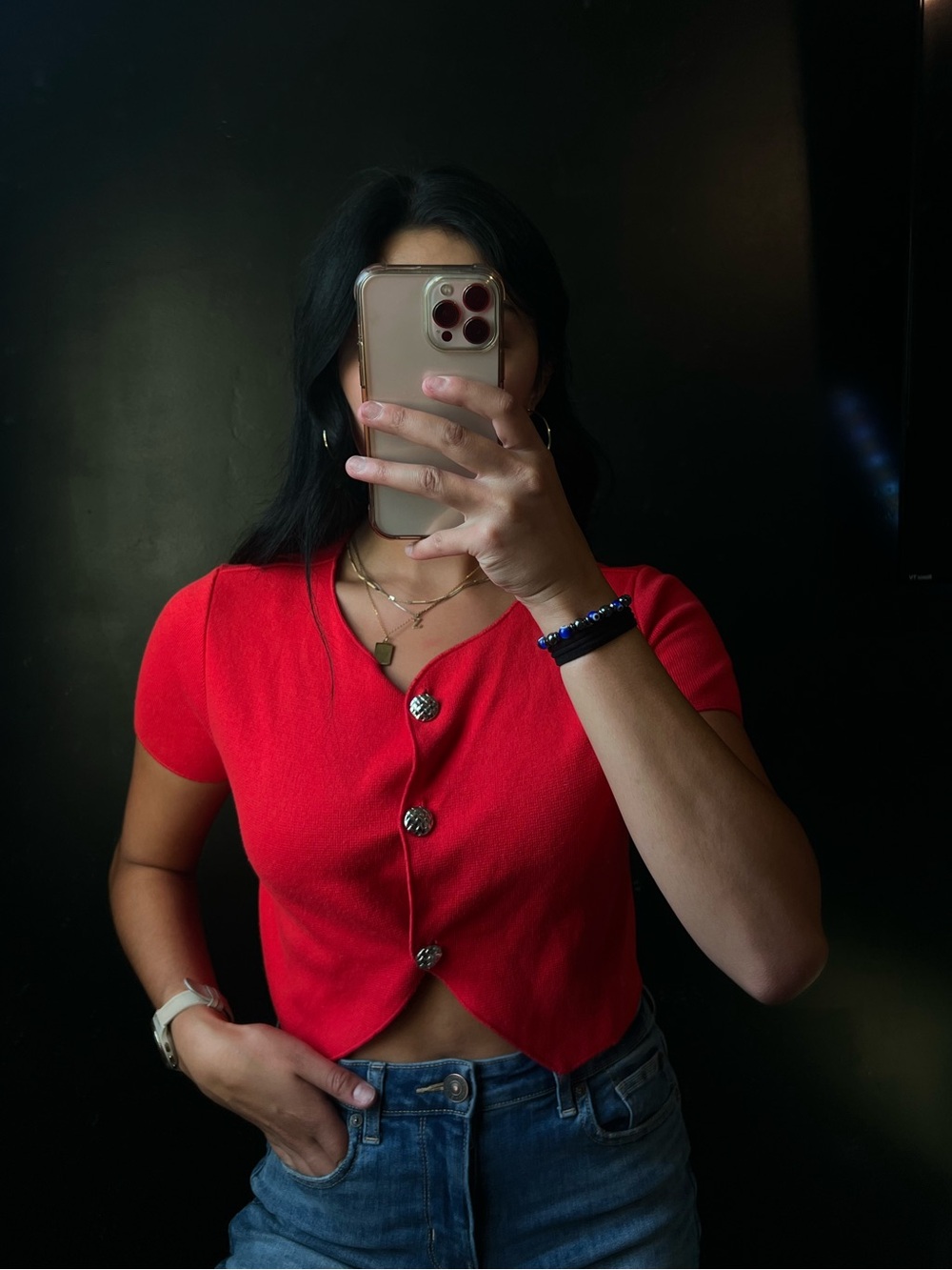 H&M Red Short-Sleeve Button Crop Cardigan